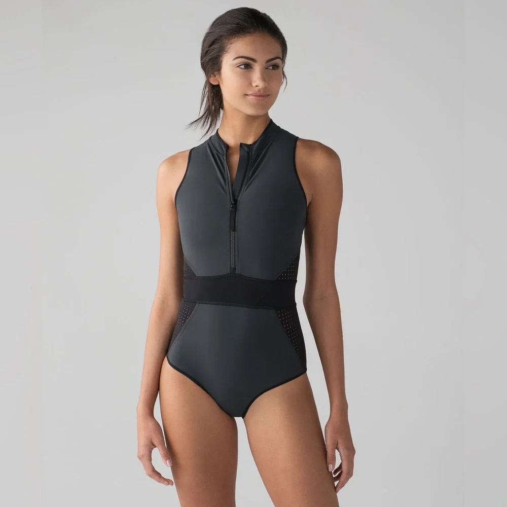 Lululemon – Wild Abandon One Piece Swimsuit – Zip Front – Gray Black – Sz. 10